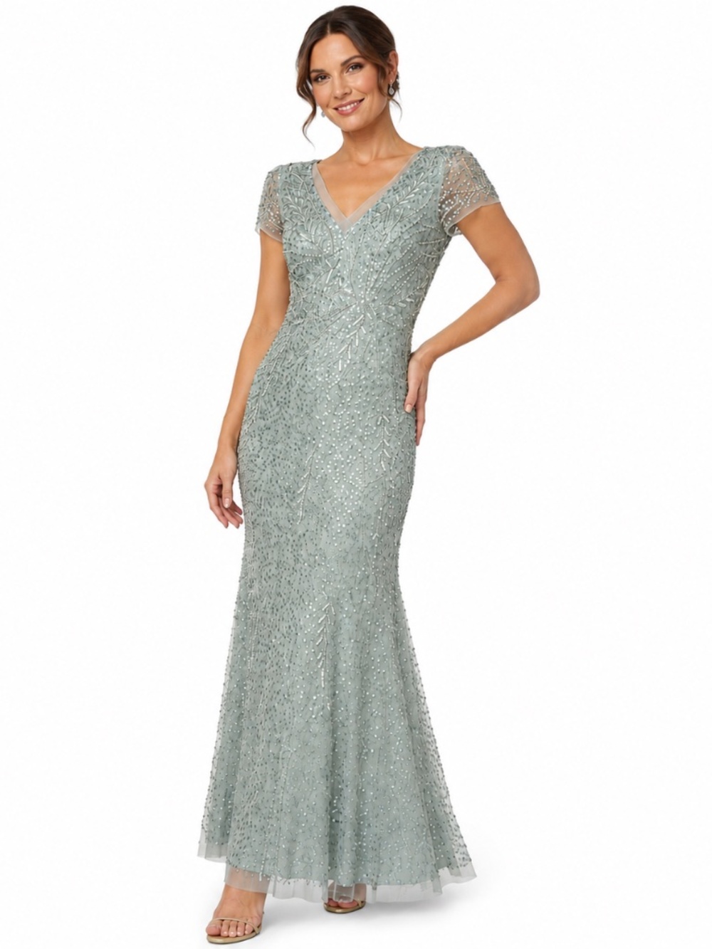 Adrianna Papell - Beaded Mermaid Gown Frosted Sage Sequin Pearl Formal Gown